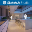 Afbeelding van een 3d render keuken met hierboven de tekst SketchUp Studio